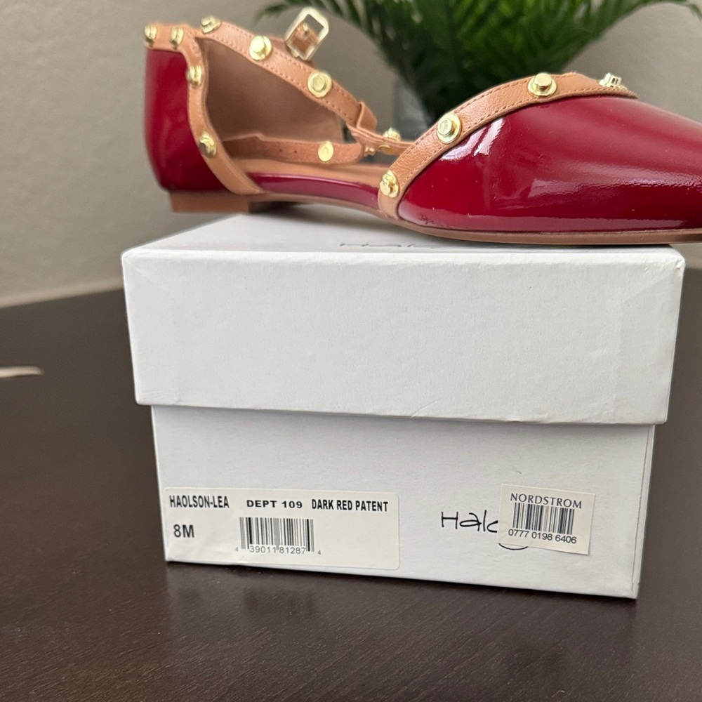 Halogen Haolson-Lea Dark Red and Tan patent Flats with Gold Accents